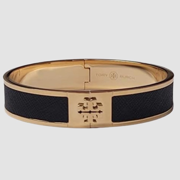 Tory Burch Jewelry - NWT! Tory Burch Gold and Black Slim Leather Inlay Cuff Bracelet with Logo OS